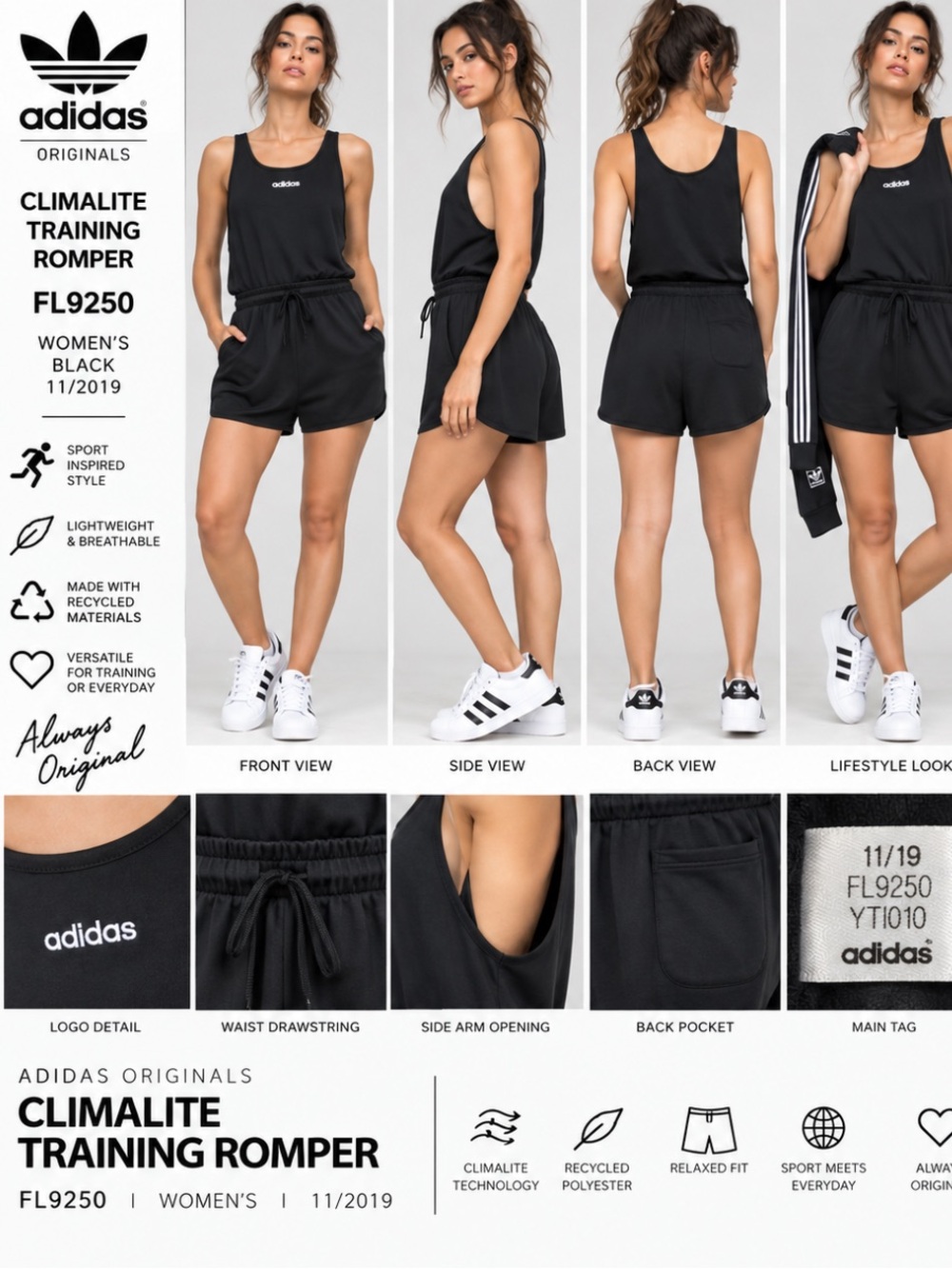 adidas Black Climalite Training Romper with Drawstring Waist